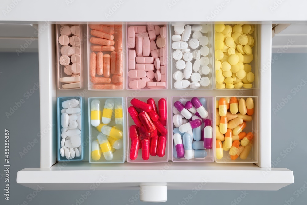 Poster Organized Medicine Drawer With Assorted Colorful and White Pills Seen From Above in a Neatly Arranged Manner Generative AI