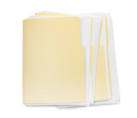 Many file folders with papers isolated on white, top view