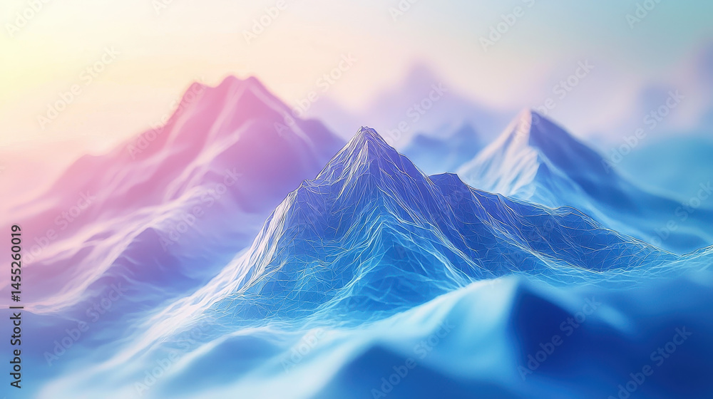 Poster a realistic 4k 3d background featu side angle view of digital polygonal mountains illuminated by sof