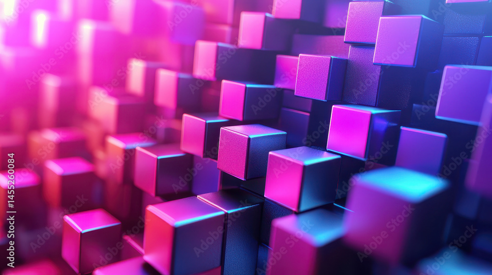 Poster realistic 4k digital art shows vibrant cubes with side angle view in a 3d abstract background, rende