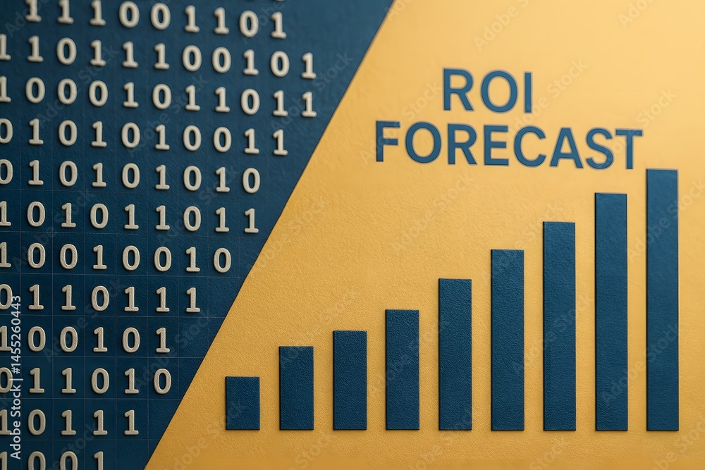 Poster a stylized bar chart labeled “roi forecast” rises against a binary code background on yellow card. c
