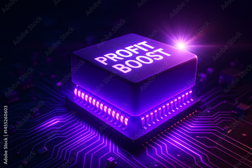 Poster a glowing microchip labeled “profit boost” pulses with purple light on a circuit board backdrop. con
