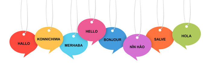 Paper speech bubbles with greetings in different languages hanging on white background. Banner design © New Africa