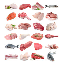 Fish and meat. Different fresh raw products on white background, collage