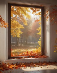 Framed autumn leaves, sunlight through window, nature, frame