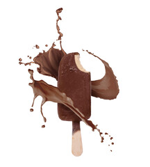 Chocolate ice cream bar and splash of milk on white background