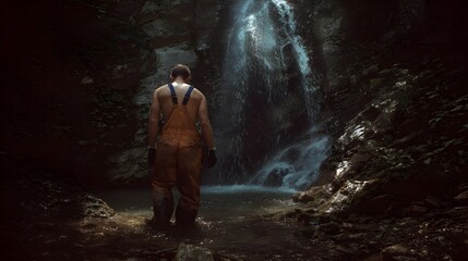 Obraz premium Gritty Spelunker Movie Poster Featuring Clogged Muddy Overalls and Flickering Headlamp Illuminates Underground Cave Adventure