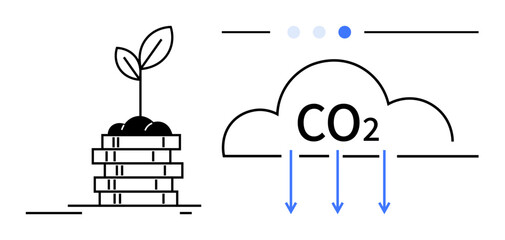 Plant sprouting from stacked coins beside CO2 cloud and arrows indicating reduction. Ideal for eco-friendly business, carbon offset, renewable energy, climate action, sustainability, green finance