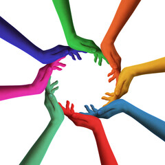Making circle of human hands painted in different colors on white background. Unity, partnership,...