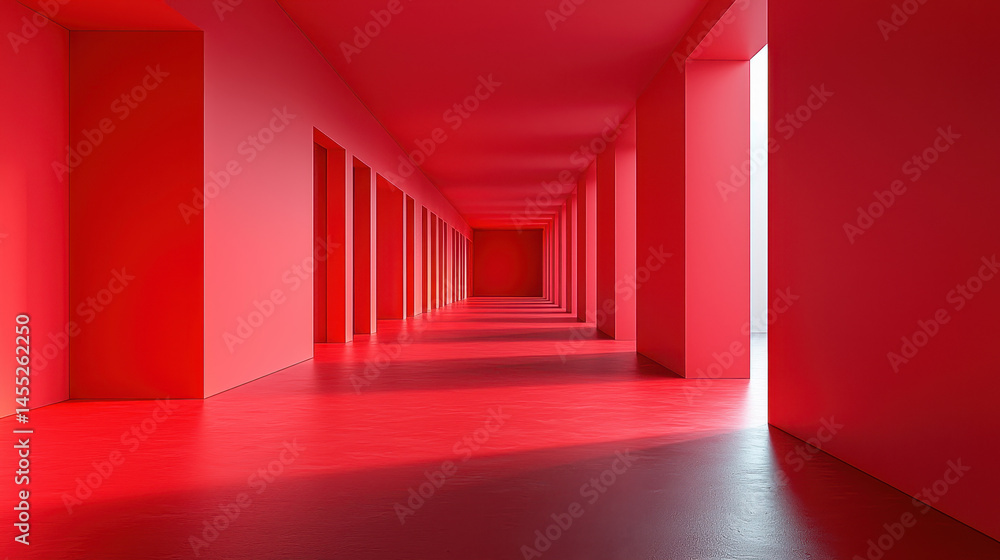 Poster a vibrant red hallway stretches into the distance in a conceptual 4k render, creating a realistic an