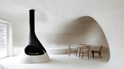 Modern, minimalist interior with a sculpted fireplace.