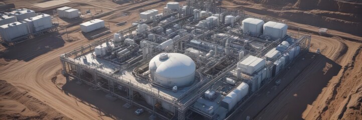 High-angle shot of hydrogen production facility,  photo,  alternative,  tanks