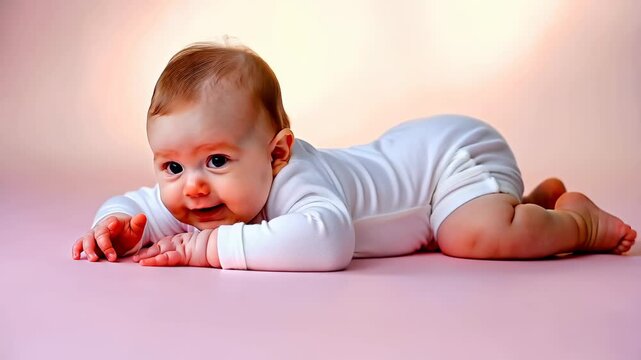 Adorable baby in white onesie lying on pink background, sucking hand while exploring surroundings during tummy time, showcasing early childhood innocence. Concept of infancy and gentle care