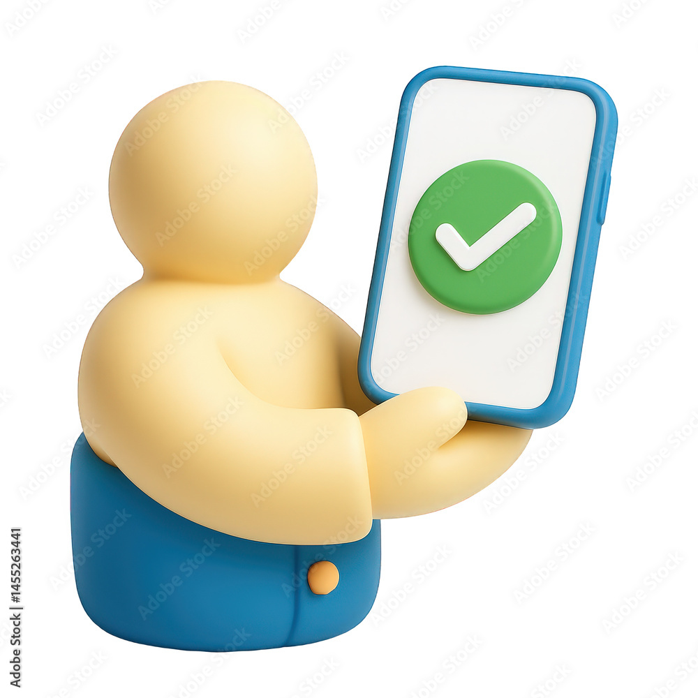 Poster stylized 3d figure holding up a smartphone displaying a successful completion checkmark on its scree