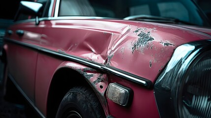 Close-Up of a Car&rsquo;s Dented Door from a Collision, Depicting Aftermath and Impact Damage