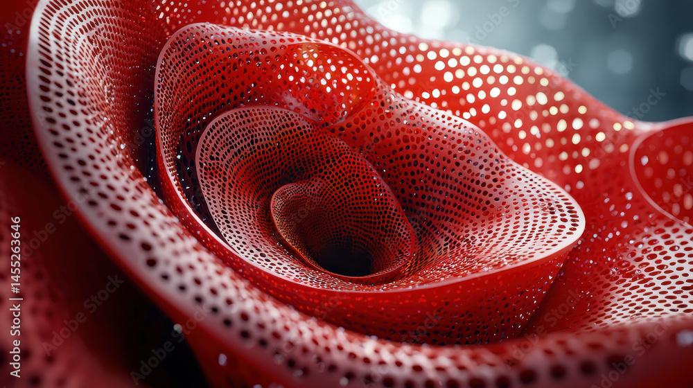 Poster a vibrant red kenmima background showcases circular patterns with a realistic 4k side angle, creatin