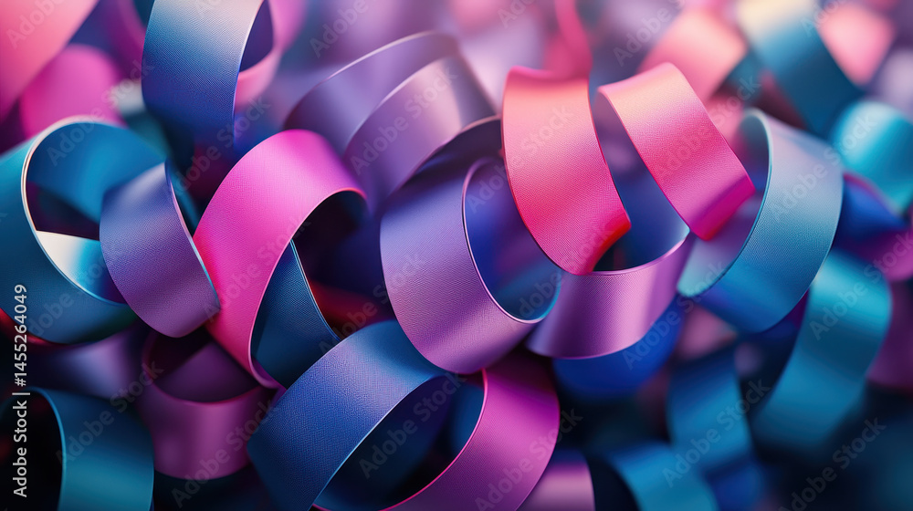 Poster side angle view of 3d realistic circular art forms with vibrant pink and blue colors creating a dyna