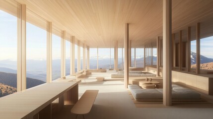 Modern wooden interior space with expansive mountain views.