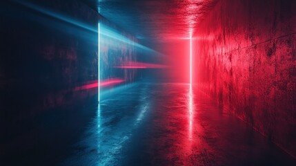 Red blue neon lights illuminate concrete corridor