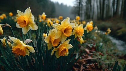 Obraz premium Capture Bright Yellow Daffodils Swaying in the Gentle Spring Breeze Amidst Lush Green Fields Vibrantly