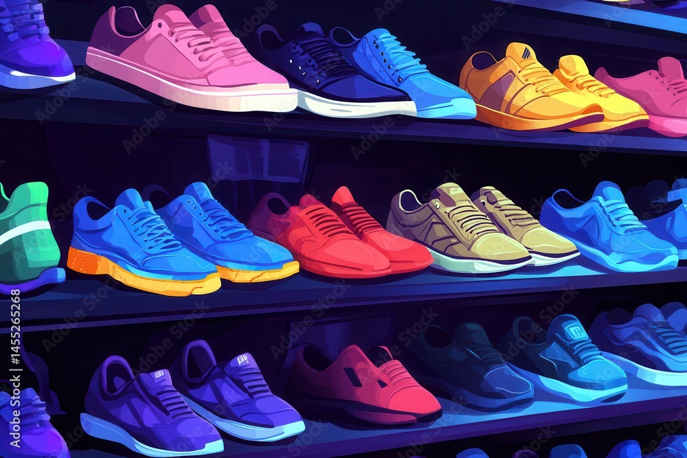 Poster a vibrant display of colorful sneakers arranged neatly on shelves in a retail store setting