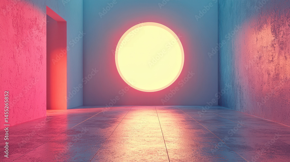 Poster a realistic 4k 3d artistic expression features a glowing side lit circle on a concrete wall within a
