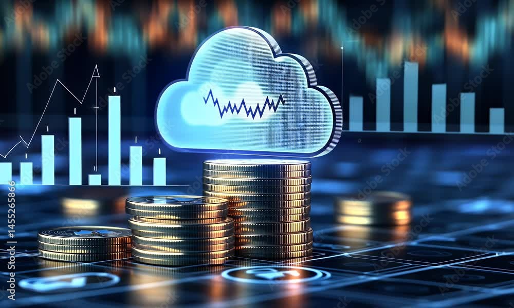 Poster a stack of coins with a holographic cloud symbol and stock chart on top, representing the concept of