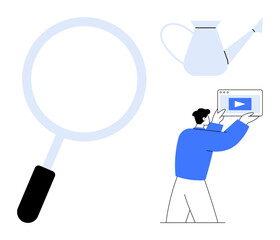 Magnifying glass, watering can, and man holding tablet with video icon suggest growth, learning, focus, and nurturing. Ideal for creativity, education, strategy exploration analysis content