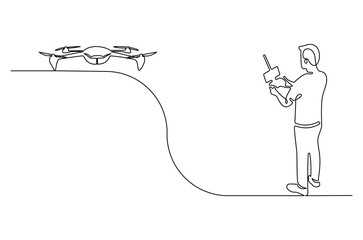 Continuous one line drawing of Controls drone with a remote control. Single line drawing illustration of Flying drone. Technology concept vector art. Doodle line illustration.
