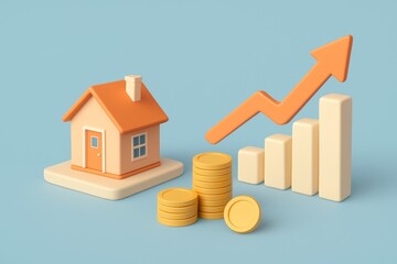 Coins stacked next to a miniature house, an upward trending graph, and an arrow pointing up symbolize increasing house prices, real estate market growth, and investment opportunities