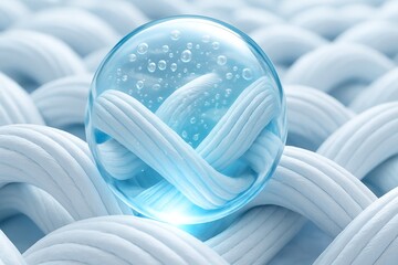 Microscopic view of innovative fiber technology intertwining and encapsulating a water droplet, showcasing fabric breathability, waterproofness, and advanced material science