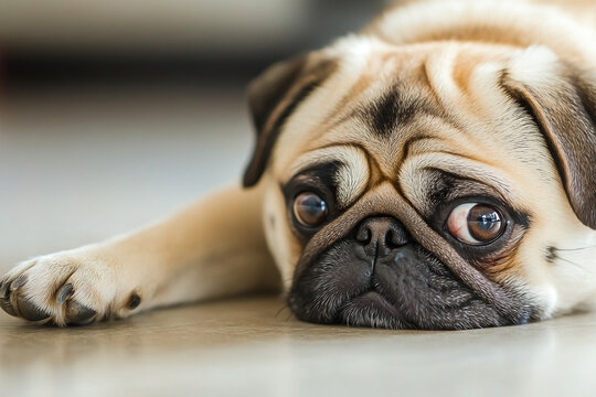 Captivating closeup of a fawn pug resting, showcasing its soulful eyes and endearing expression