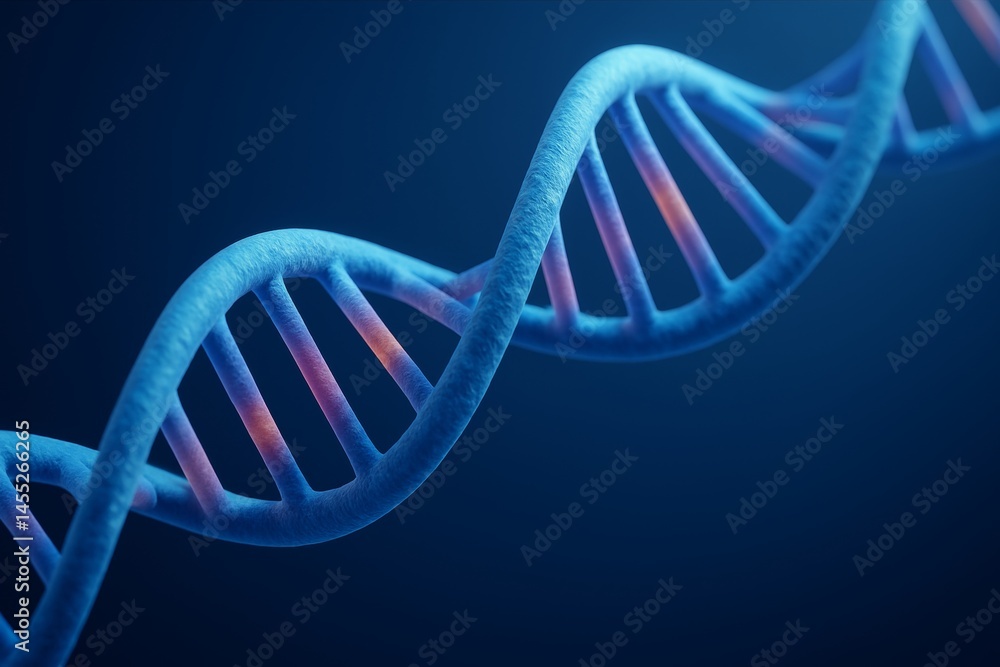 Poster glowing dna helix rotating slowly on a dark blue background, creating a captivating visual represent