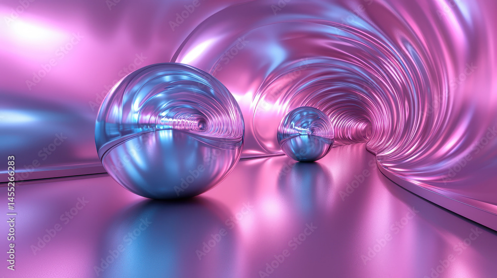 Fototapete side view of a realistic 4k 3d artistic arrangement with reflective spheres in a metallic pink and b