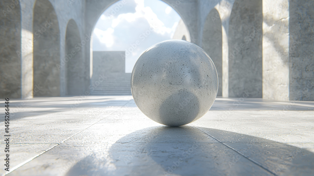 Poster an abstract 4k visual of a realistic sphere sits center stage within a kenmima architectural backgro