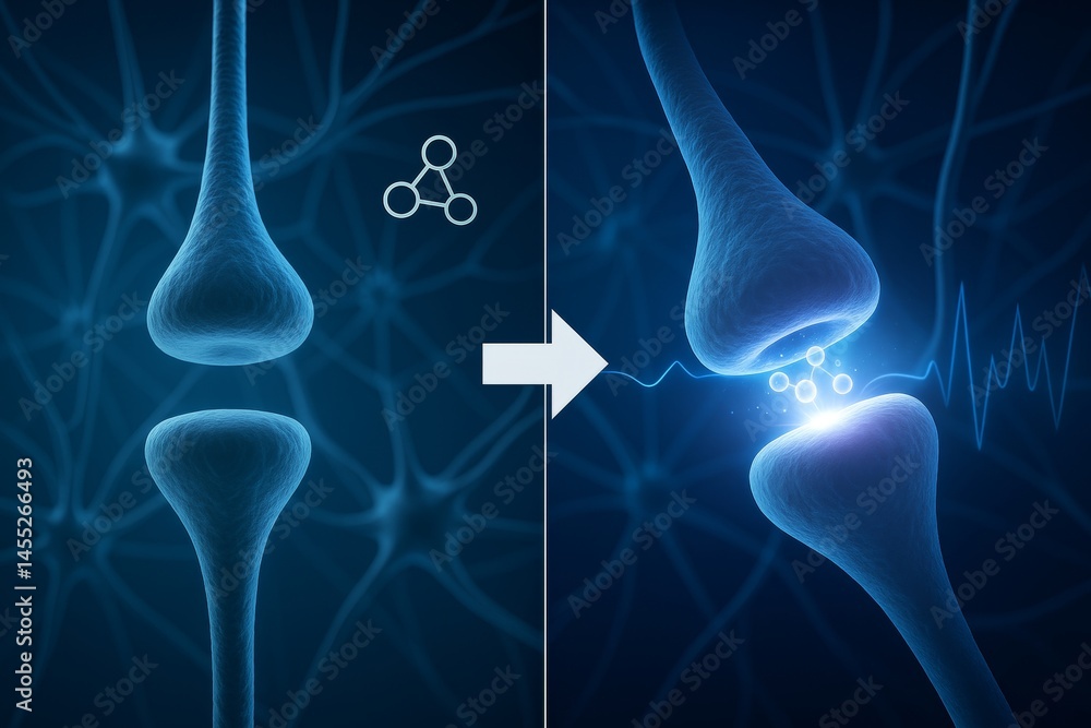 Poster neurotransmitters sending chemical signals across synapses, brain activity, neural network, concept 