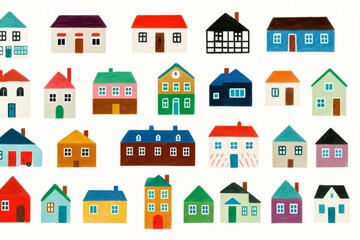 Fototapeta premium Cheerful illustration showcasing a collection of colorful houses, symbolizing a diverse and lively neighborhood, provides a whimsical depiction of urban or suburban life