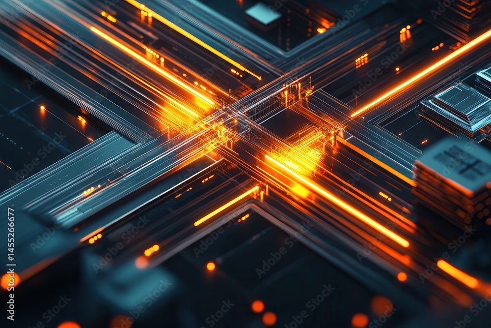 Poster abstract close-up of a glowing circuit board with vibrant orange light trails and intricate patterns