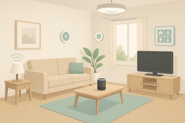 Fototapeta premium Wireless network connecting and managing smart devices in modern living room, including thermostat, lights, and security system, creating a comfortable and convenient home environment