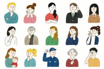 Diverse group of individuals displaying a range of emotions and expressions, including thinking, troubled, worried, and surprised, conveying various states of mind and reactions