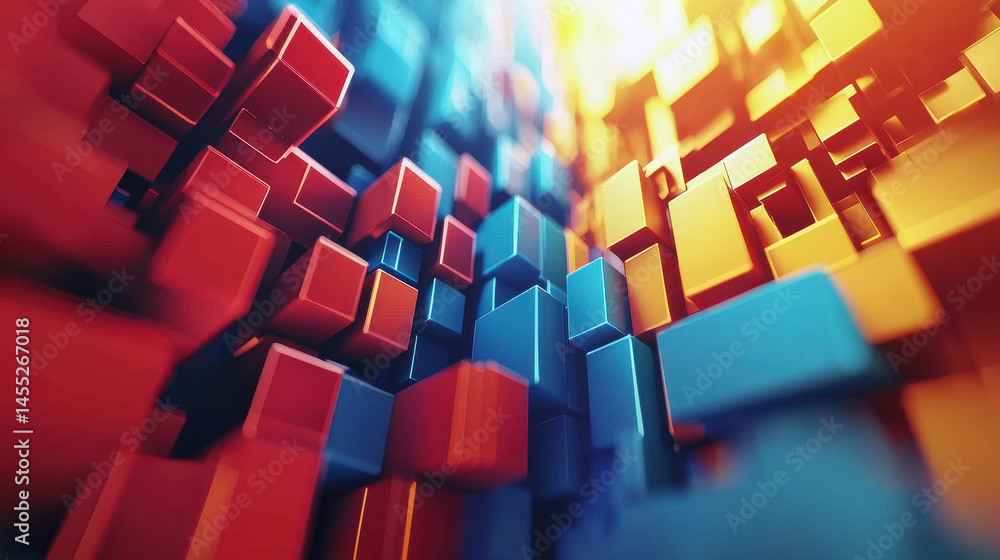 Poster abstract 3d background shows realistic red blue and golden geometric shapes in a side view creating 