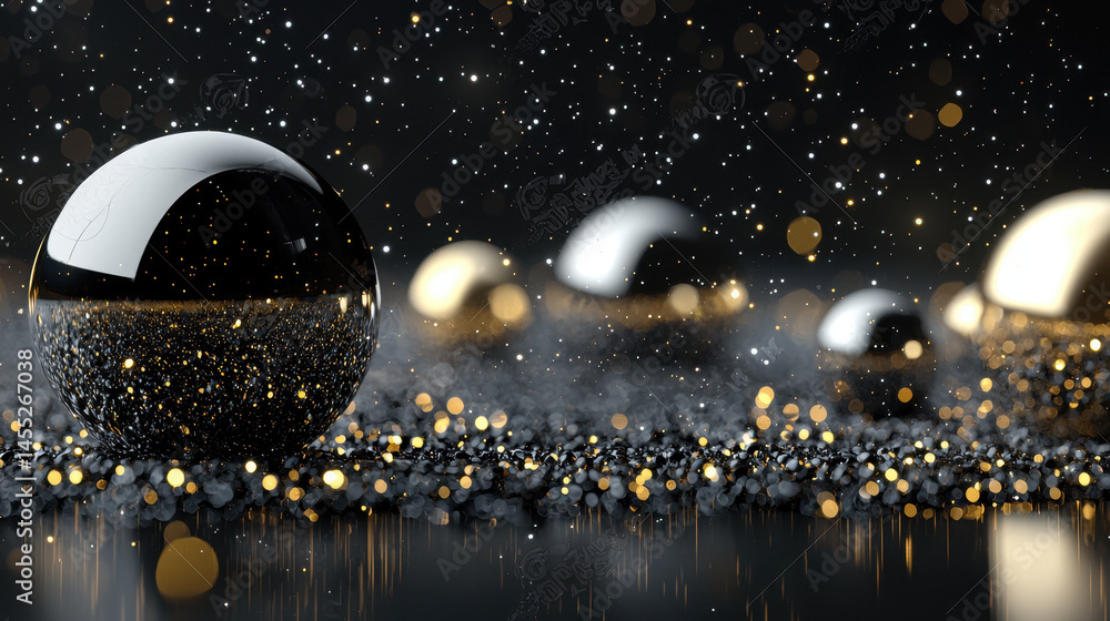 Poster realistic 4k side angle view of kenmima 3d abstract background graphics with black and gold spheres 