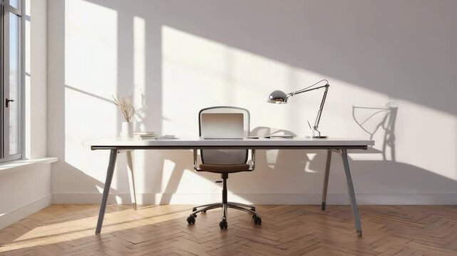 Minimalist home office setup with desk chair and laptop for remote work productivity and focus zone