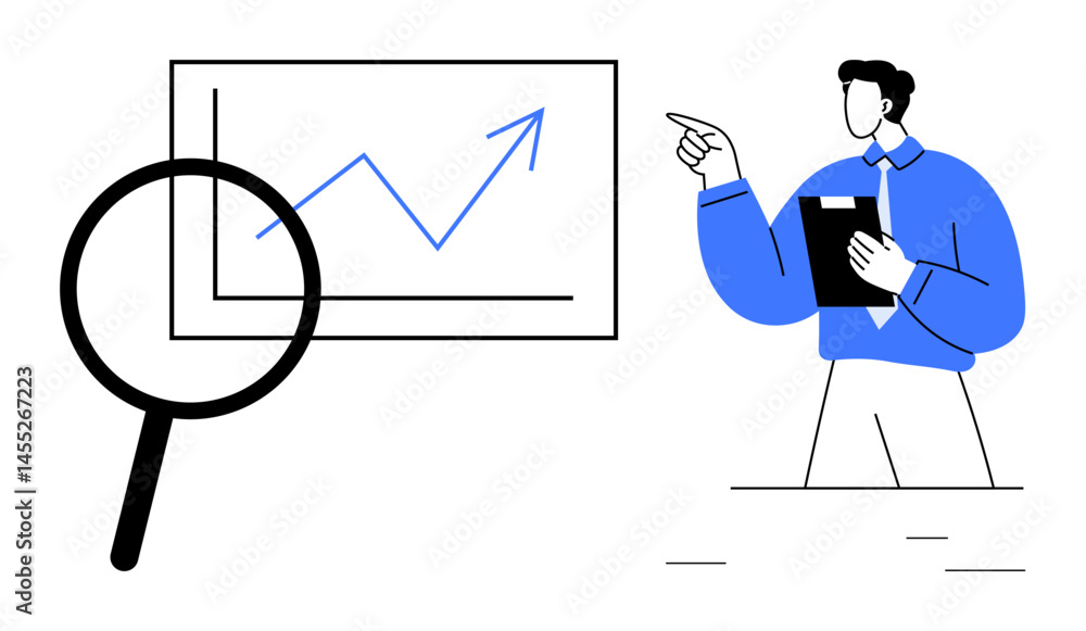 Aufkleber magnifying glass highlighting upward graph on presentation screen while professional gestures. ideal