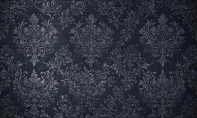 Deep midnight blue gothic damask  Subtle silver highlights, rich textures ,  illustration,  scroll,  intricate