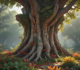 Ancient tree trunk, engulfed by vibrant exotic leaves and vines , green, plant, tropical