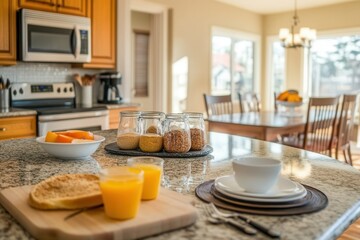 Bright kitchen scene with breakfast items including juice, toast, and cereals on a countertop