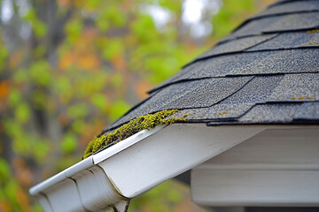 Obraz premium Roof with moss growth and aging on the gutters, close-up landscape view