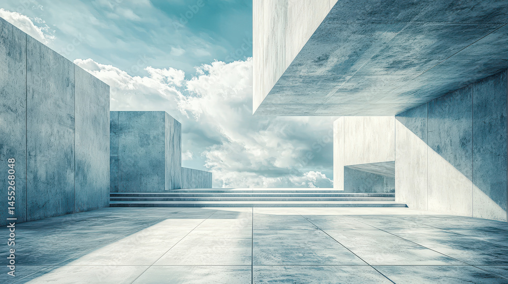 Poster modern abstract architecture with realistic 4k rende displaying concrete geometric shapes against a 