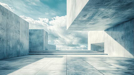 Modern abstract architecture with realistic 4K rende displaying concrete geometric shapes against a bright sky in a surreal 3D architectural background.